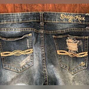 Indigo Rein Womens SZ 13 distressed Blue skinny Jeans with Tan designs
